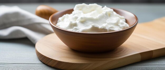 a bowl of whipped cream sits on a wooden tray