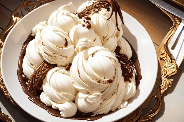 A bowl of whipped cream with chocolate on top