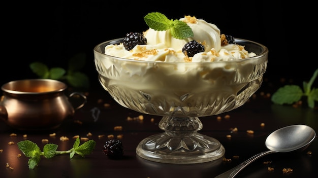 Bowl of Whipped Cream With Mint Leaves