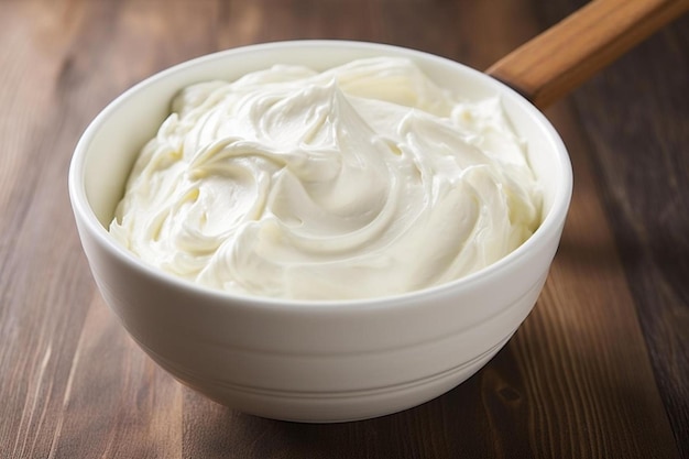 a bowl of whipped cream with a wooden spoon