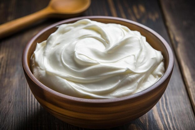 a bowl of whipped cream on a wooden table