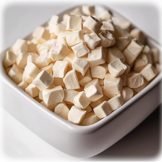 A bowl of white tofu cubes sits on a table.