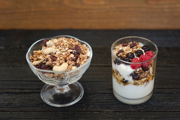 Bowl wiht granola and yogurt with granola and fruit. Healthy breakfast.