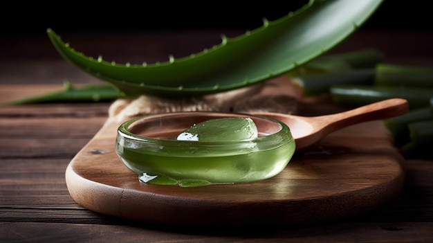 Bowl with aloe vera on wooden tray