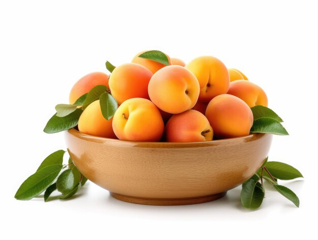 Bowl with appricots and green leaves on a white background