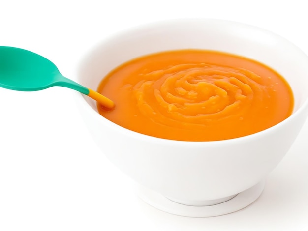 Bowl with baby food on white background