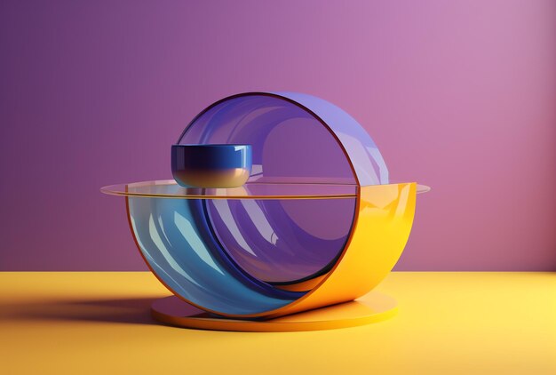 A bowl with a blue lid sits on a yellow and purple background.