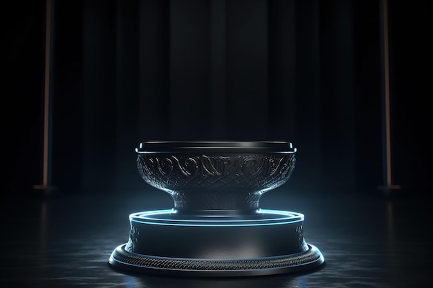 A bowl with a blue light on it in front of a dark background.