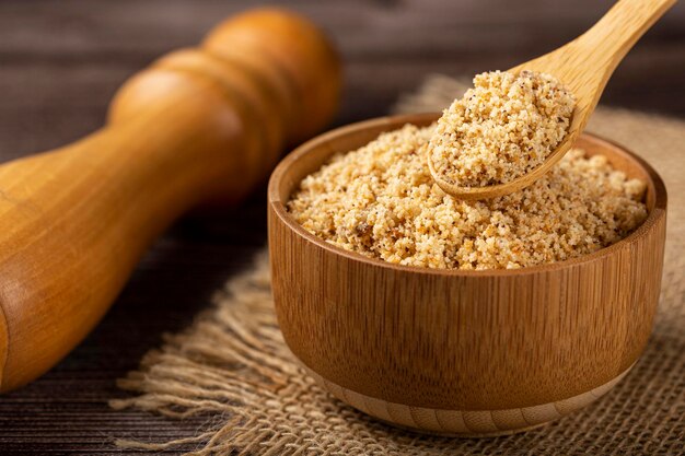 Bowl with Brazilian farofa. Made with manioc flour.