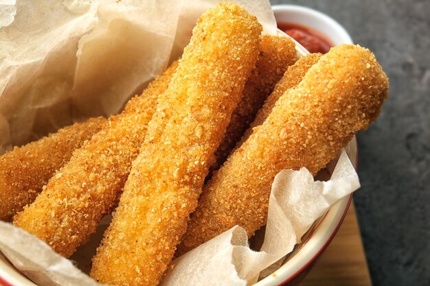 Bowl with cheese sticks closeup