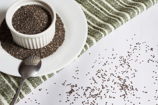 Bowl with chia seeds on top of plate