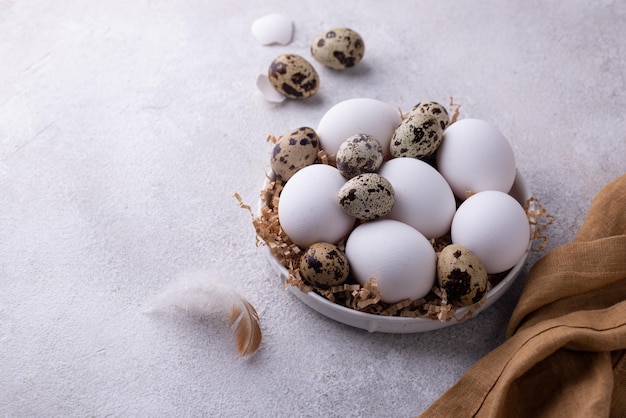 Bowl with chicken and quail raw eggs o