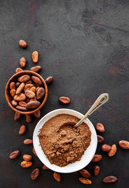 Bowl with Cocoa powder and beans