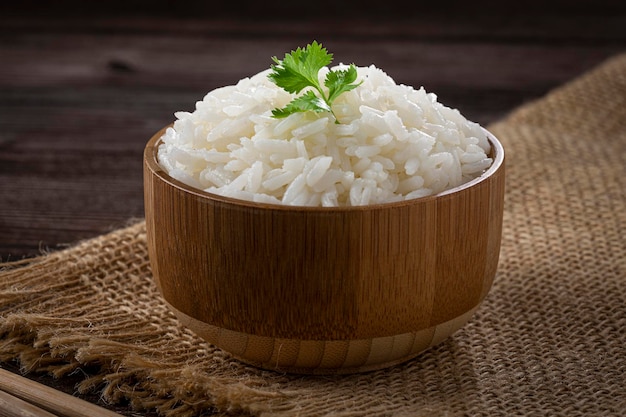 Bowl with cooked rice on the table