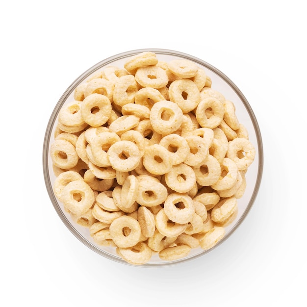 Bowl with corn rings isolated on white background, top view