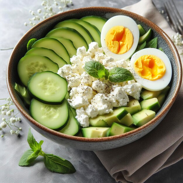 Bowl with cottage cheese cucumber and avocado slices and boiled egg on the table