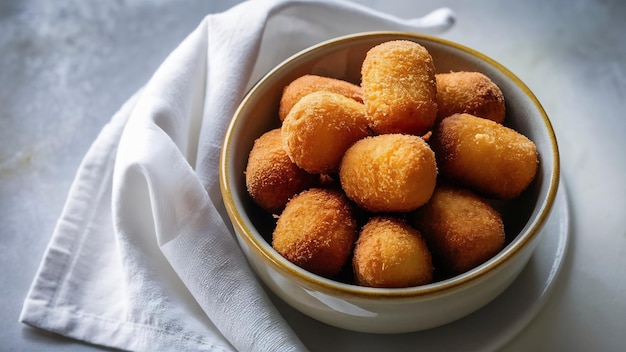 Bowl with croquettes and napkin in defused background