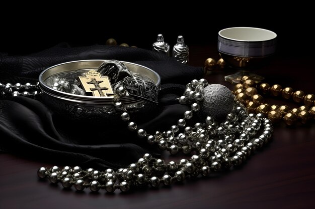 A bowl with a cross on it and a silver bowl with gold beads on the table.
