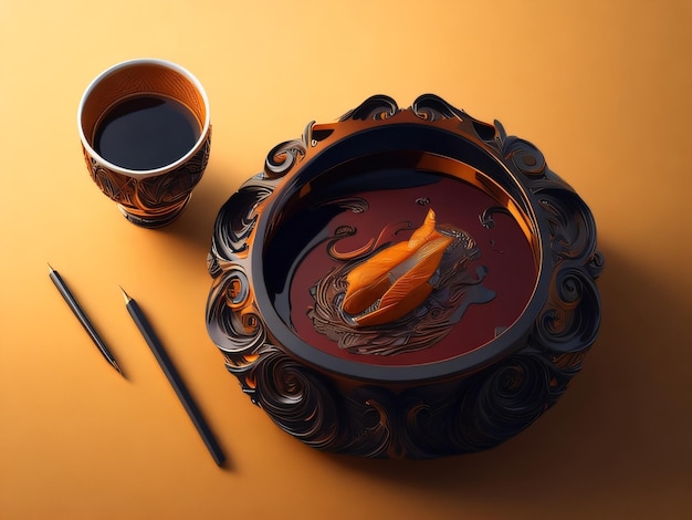 A bowl with a cup of coffee and a bird on it