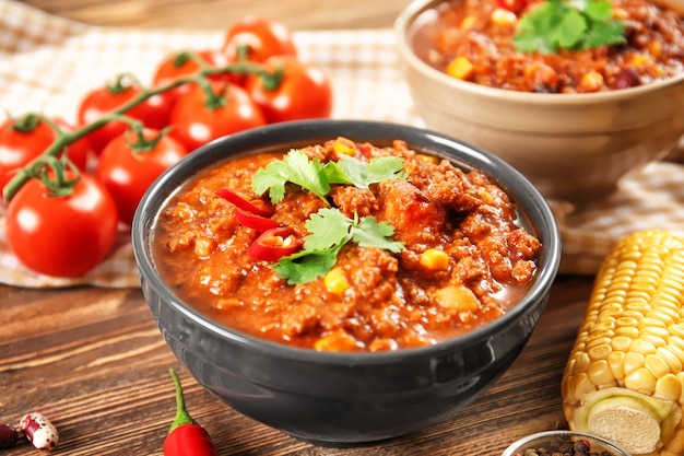 Bowl with delicious chili con carne on table