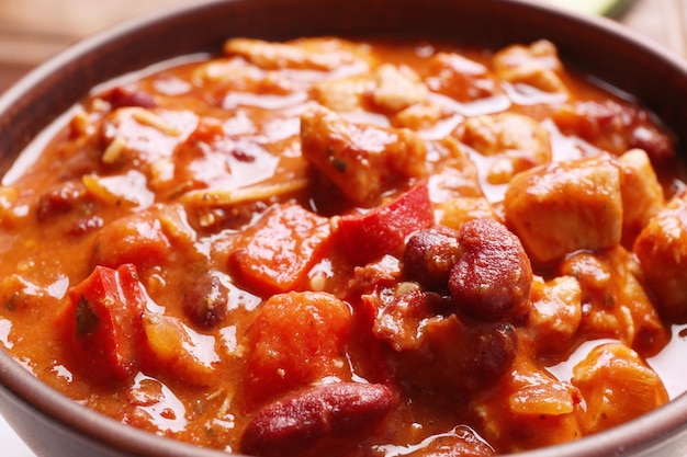 Bowl with delicious chili turkey closeup