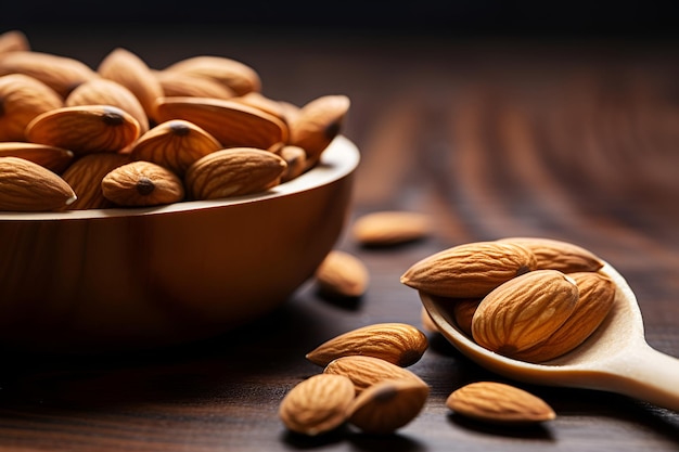 A bowl with dried almond nuts and wooden spoon on wooden table background Generative AI
