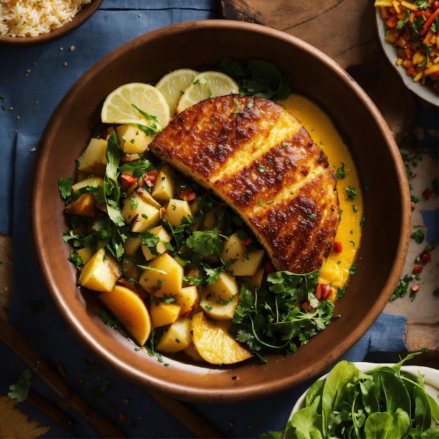 A Bowl With Fish Potatoes And Salad