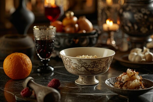 Bowl with food near chewing bones