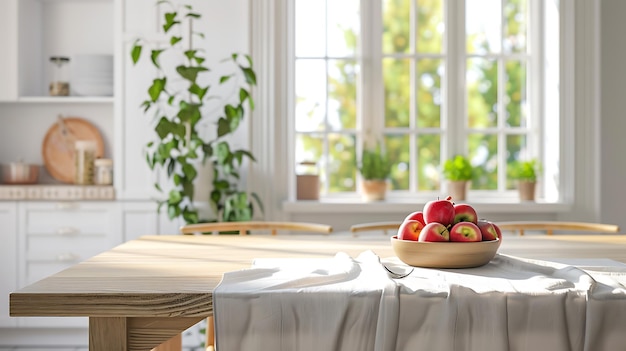 Bowl with fresh apples on table in kitchen space for text