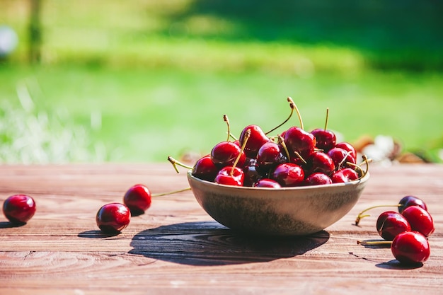 A bowl with fresh ripe and tasty cherry on a table standing outdoors