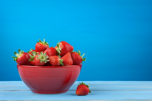 Bowl with fresh strawberry on blue wooden table