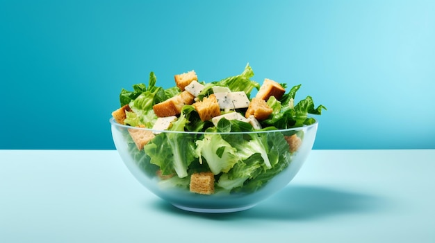 bowl with fresh tasty salad on blue background