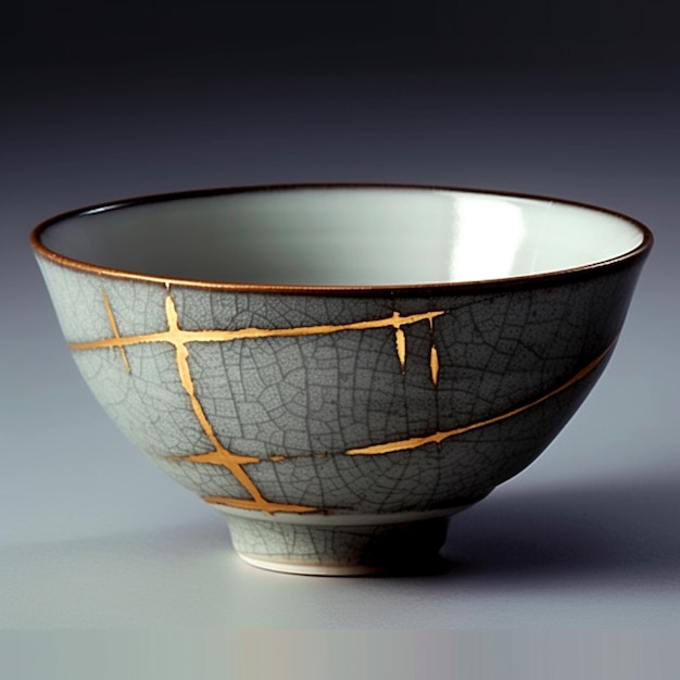 A bowl with a gold stripe is sitting on a table.