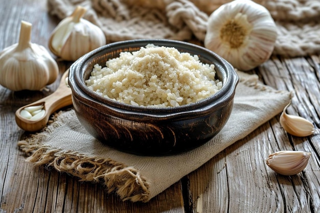 Bowl with granulated dried garlic on wooden table