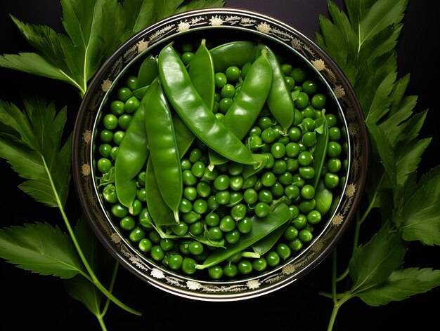 A bowl with a green peas and leaves from a white table world food day images