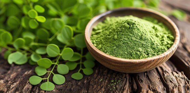 Bowl with green powder on wooden surface and young green shoots The concept of healthy eating and natural supplements