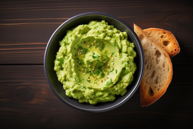 Bowl with guacamole avocado spread on toasted bread top view on white background