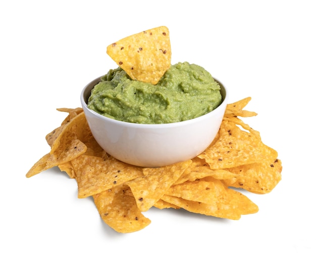 Bowl with guacamole and nachos isolated on the white background