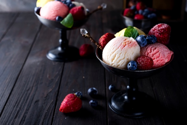 Bowl with ice cream with three different scoops of white, yellow and red colors