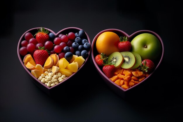 Bowl with lots of vegetables and fruits with heart shape on a dark background Eat healthy