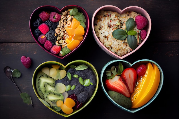 Bowl with lots of vegetables and fruits with heart shape on a dark background Eat healthy