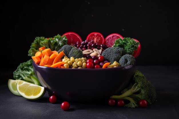 Bowl with lots of vegetables and fruits with heart shape on a dark background Eat healthy