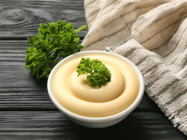 Bowl with mayonnaise parsley and towel on dark background