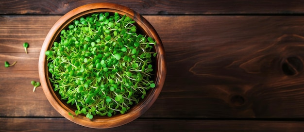 Bowl with microgreens on dark wooden table vegetarian food top view Generative AI