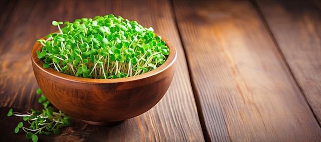 Bowl with microgreens on wooden table Generative AI