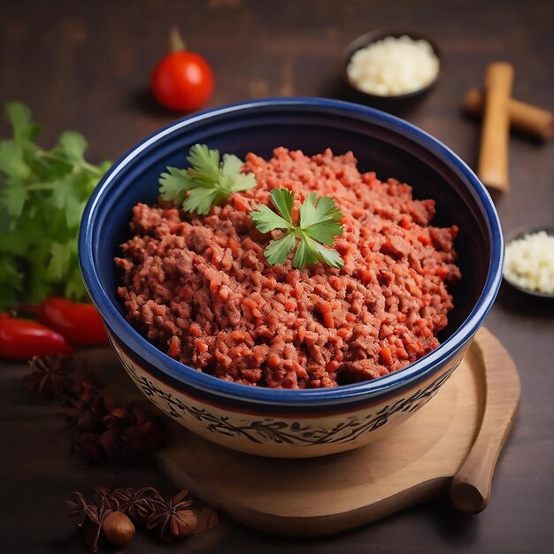 Bowl with minced meat with spices