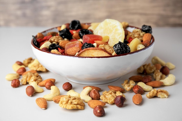 Bowl with mixed dried fruits and nuts on white background closeup