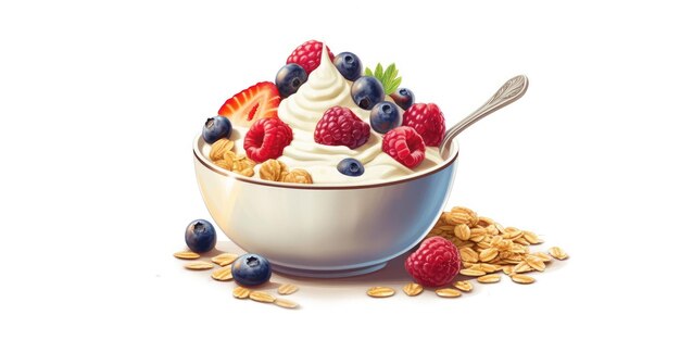 A bowl with natural yogurt granola and fresh berries on a white background in watercolor style