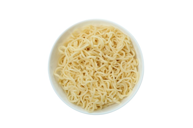 Bowl with noodles on white