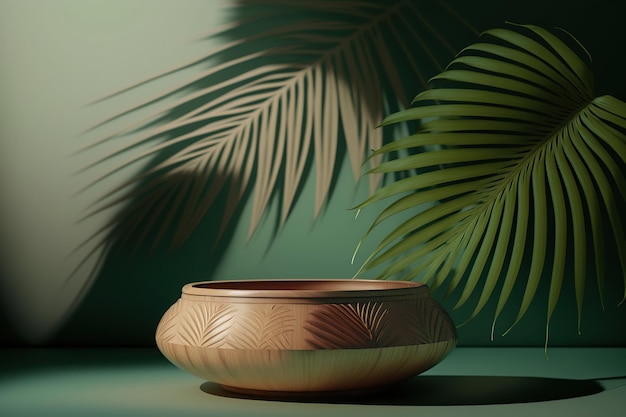 A bowl with a palm tree leaf on the left